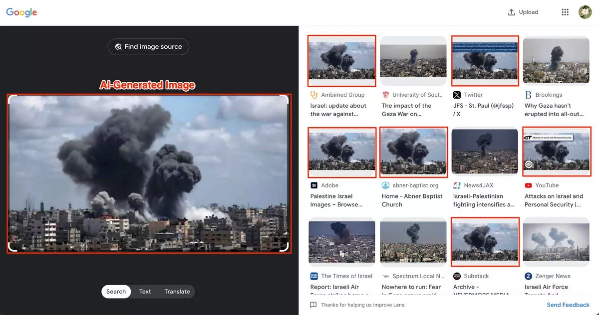 Google reverse image search of AI-generated image